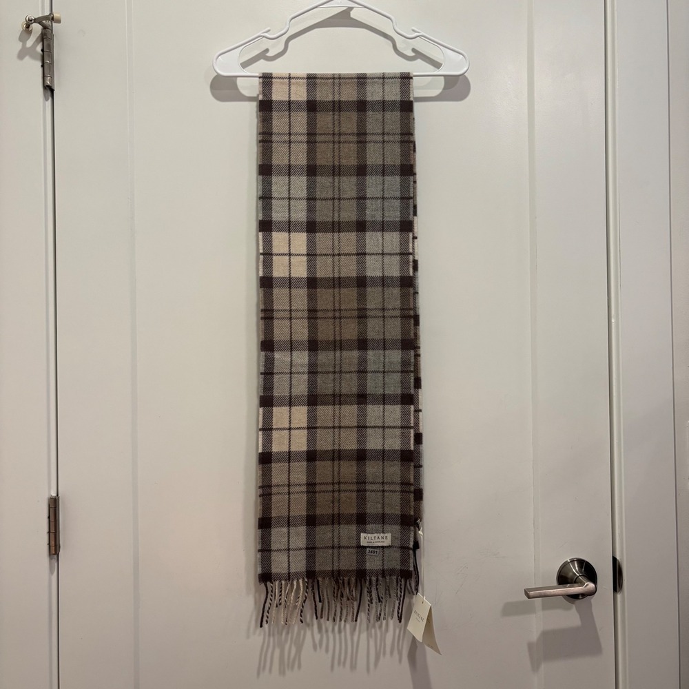 Kiltane Scotland Lambswool Scarf Neutral Aurora Classic Check Plaid Grey Brown
